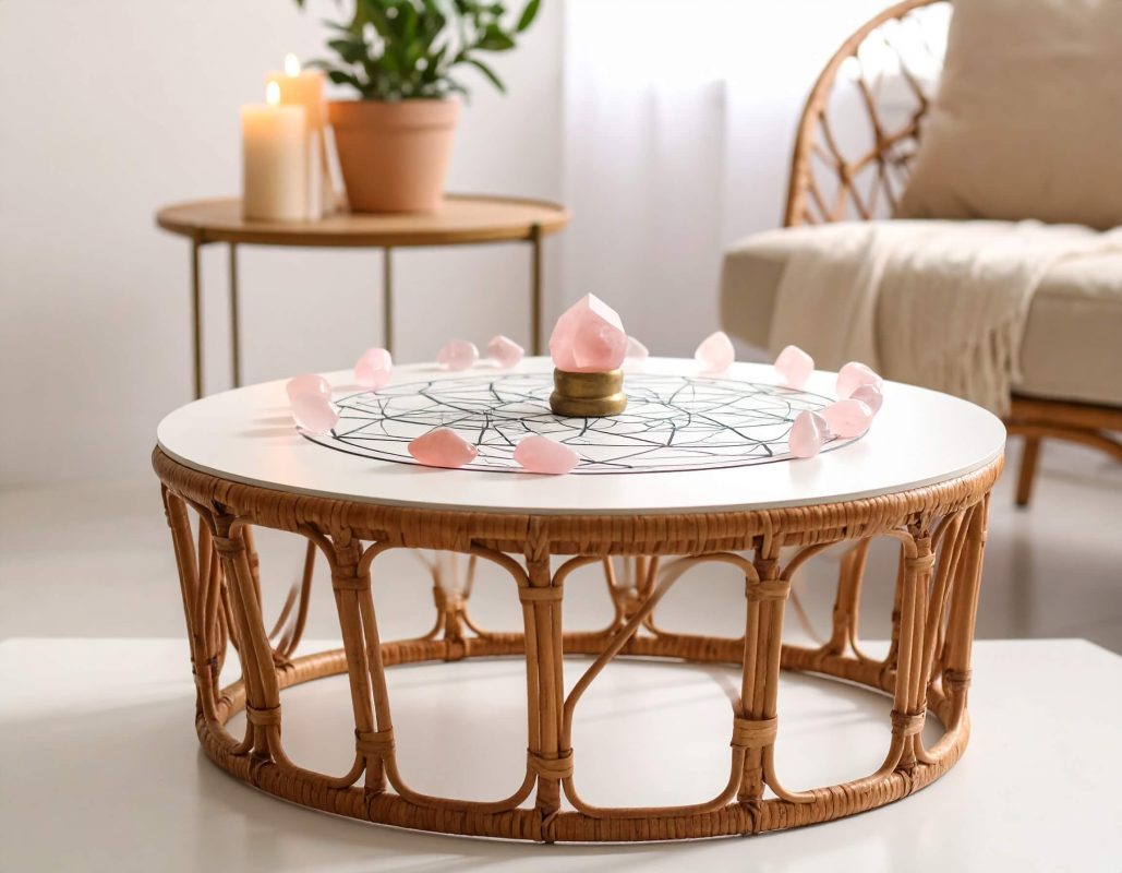 A table with a crystal grid showing you how to build a crystal grid with rose quartz