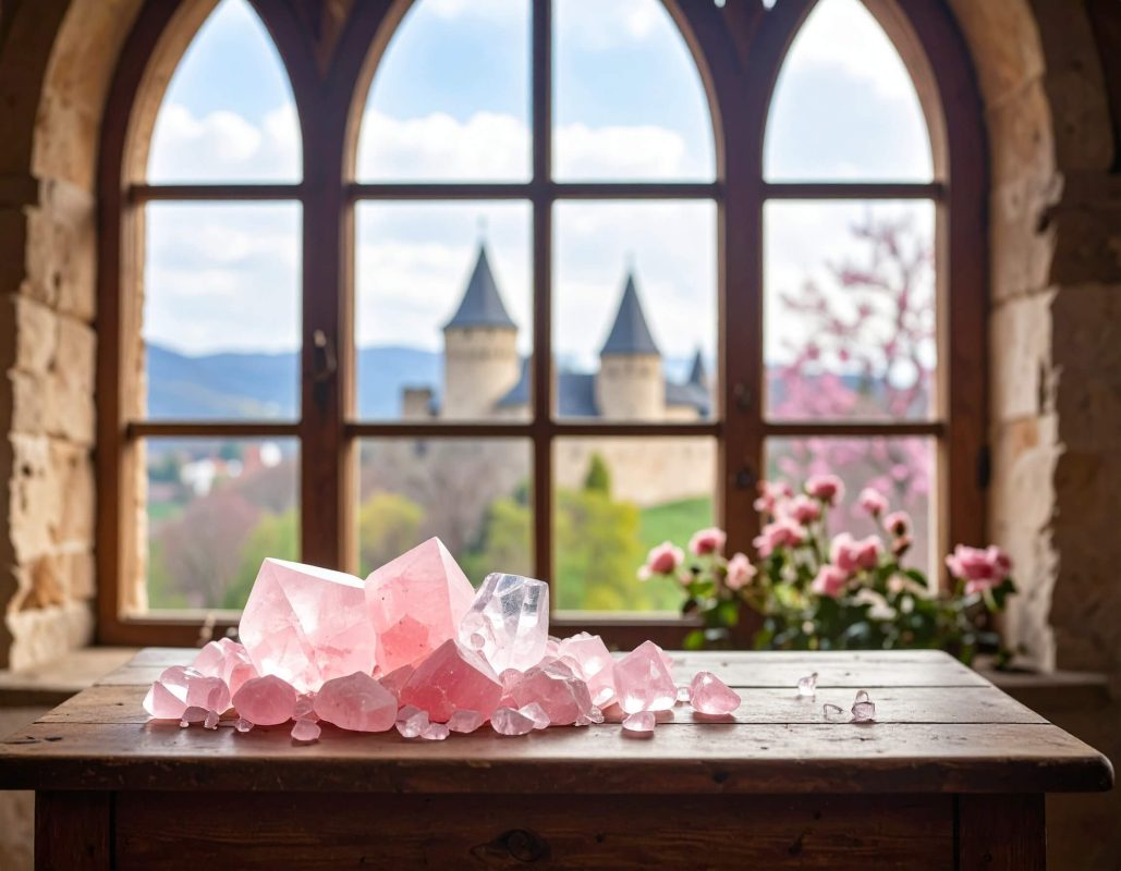 Rose quartz on a table in front of a view of a castle out of a window representing the history of rose quartz