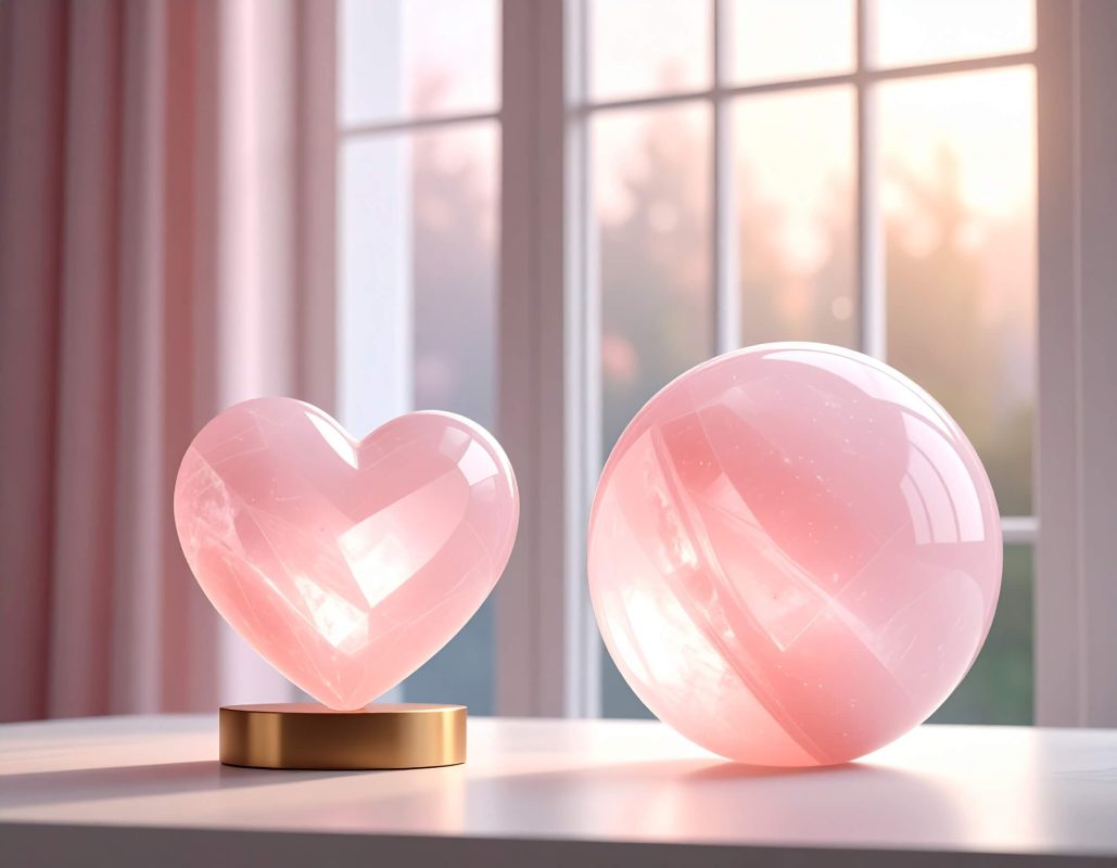 A rose quartz heart and sphere next to a window representing the spiritual meaning of rose quartz