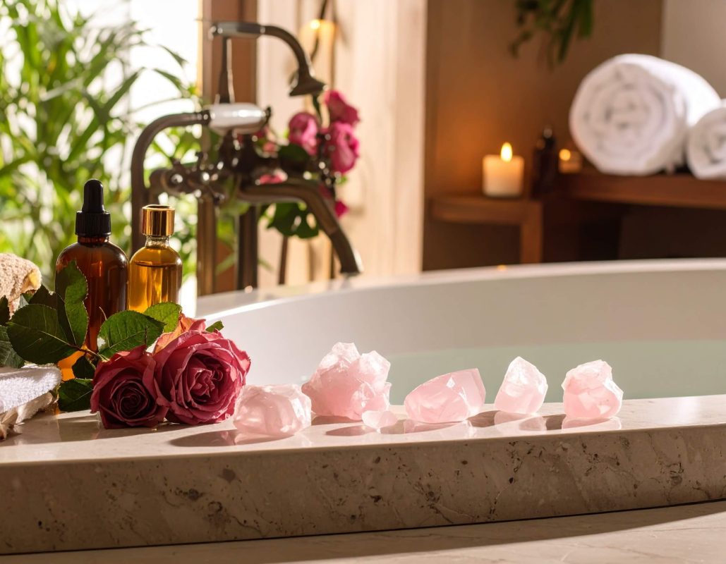 Rose quartz stones on the side of a bathtub representing rose quartz in your daily life